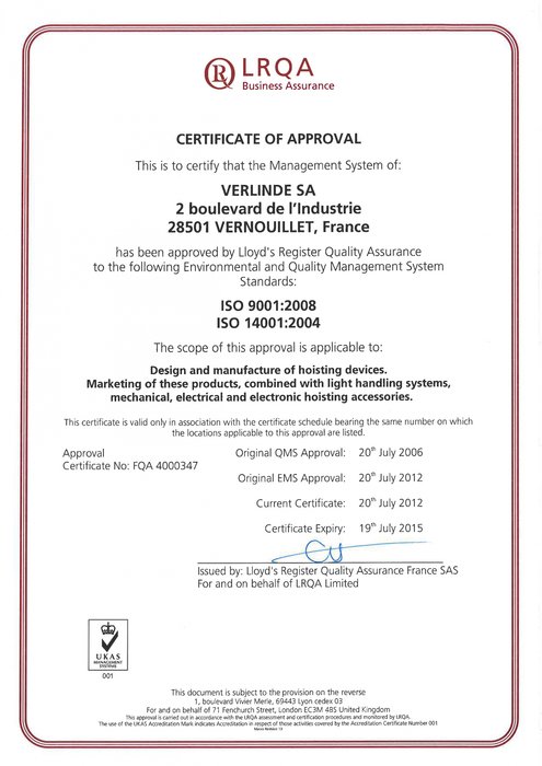 VERLINDE SA consigue el certificado ISO 14001 – 2004